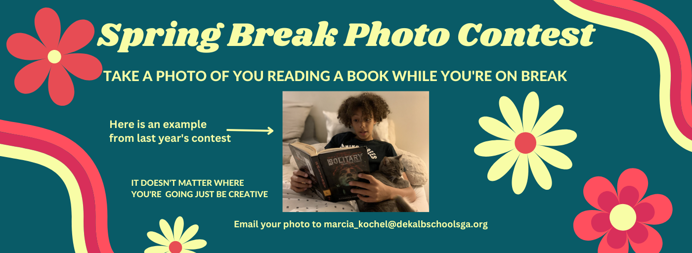 Spring Break Photo Contest: Take a photo of you reading a book while you&#39;re on break. photo of a boy reading with his cat. email your photos to marcia_kochel@dekalbschoolsga.org